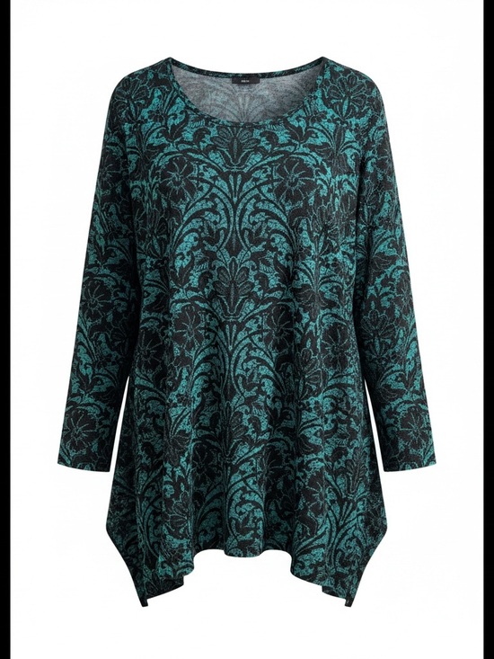 Catherines Tops - Catherines Teal and Black Damask Long-Sleeve Tunic